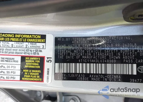 2020 Toyota Camry Le из США, поврежденный, VIN 4T1C11AK0LU348969